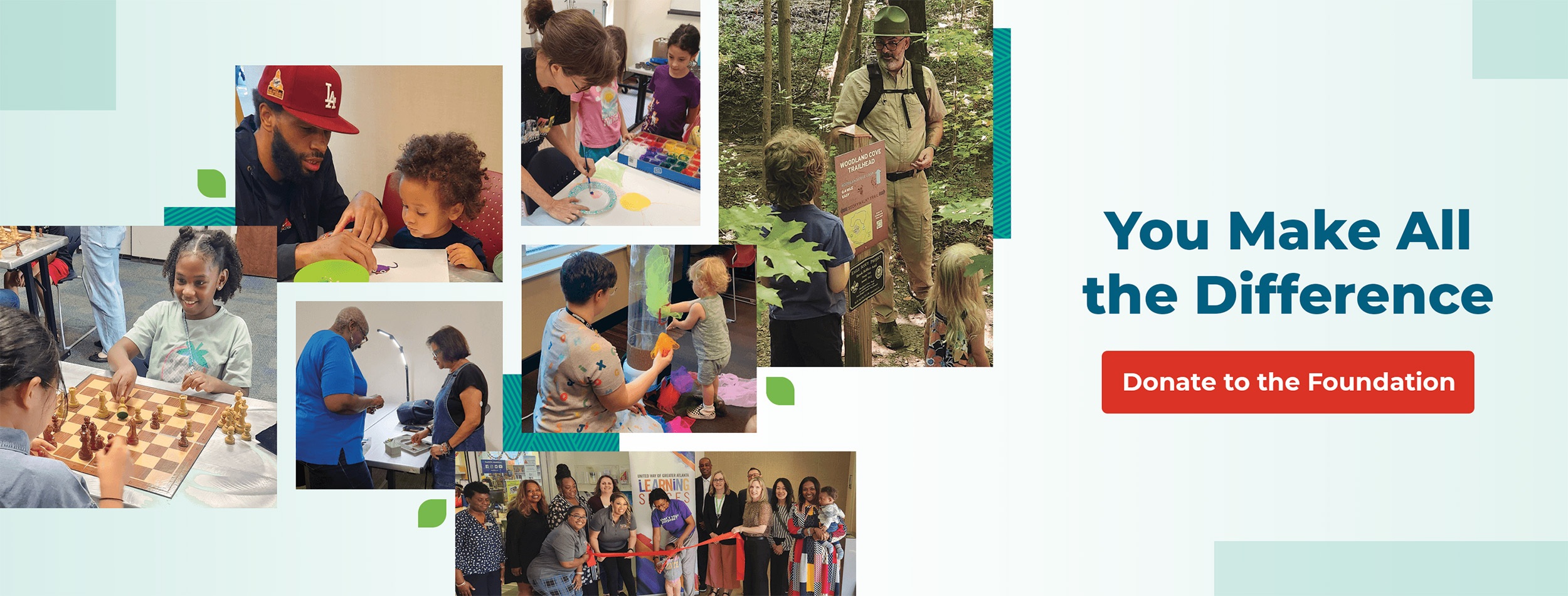 Photos of adults and children at library programs. You Make All the Differnce. Donate to the Foundation