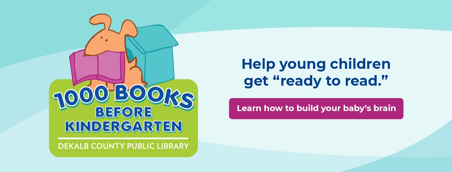 Dog with book over 1000 Books Before Kindergarten. Help young children get "ready to read." Learn how to build your baby's brain.